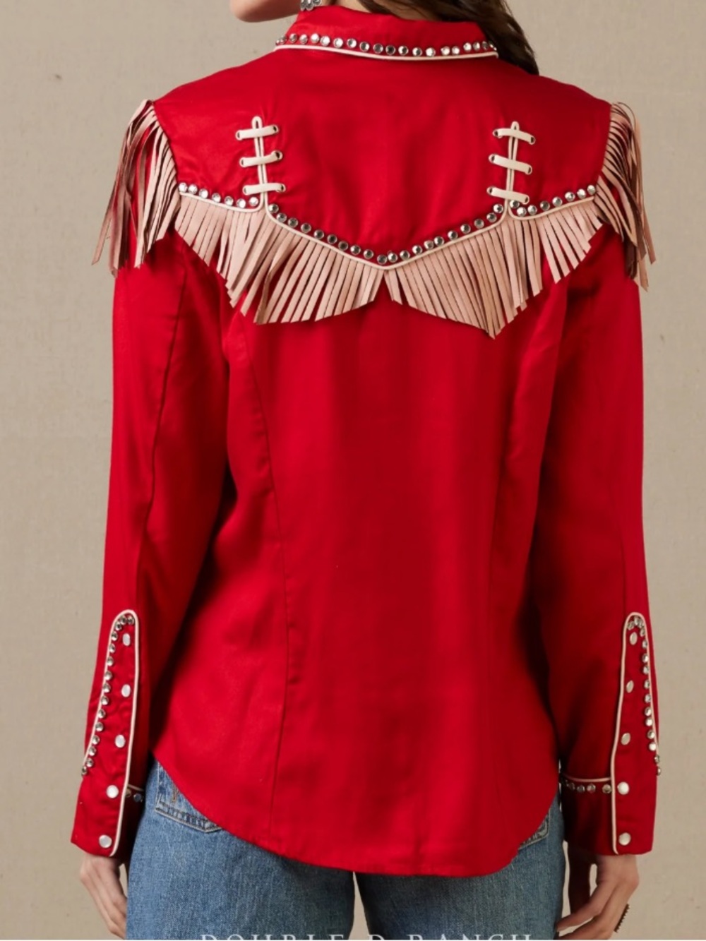 Double D Ranch Rodeo & Rhinestones 
Red Top with Fringes & Pearl Snap
Size M NWT
